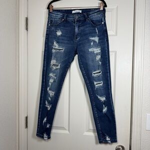 Kancan Women’s Medium Wash Distressed Skinny Jeans Stretch Punk Grunge Size 11